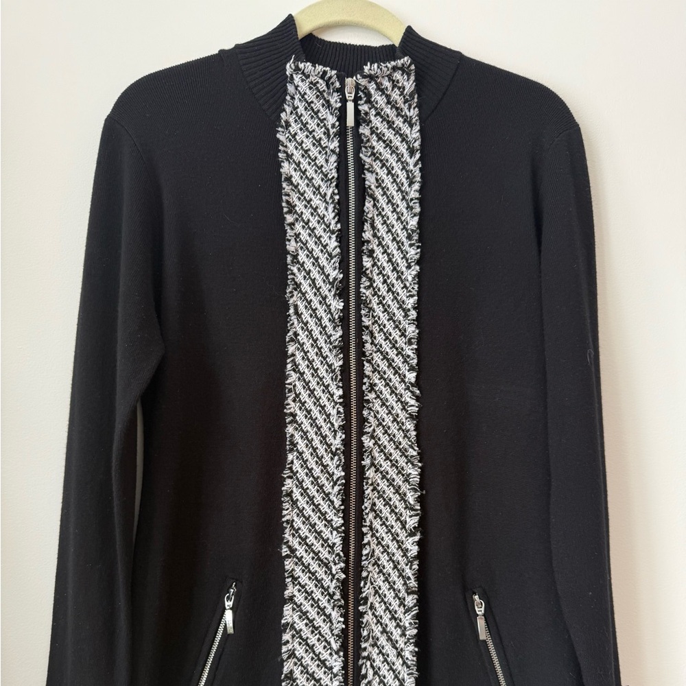 Fortana Black Knit Jacket w/ Tweed Trim & Zip Pockets | Stretch | M Fits L